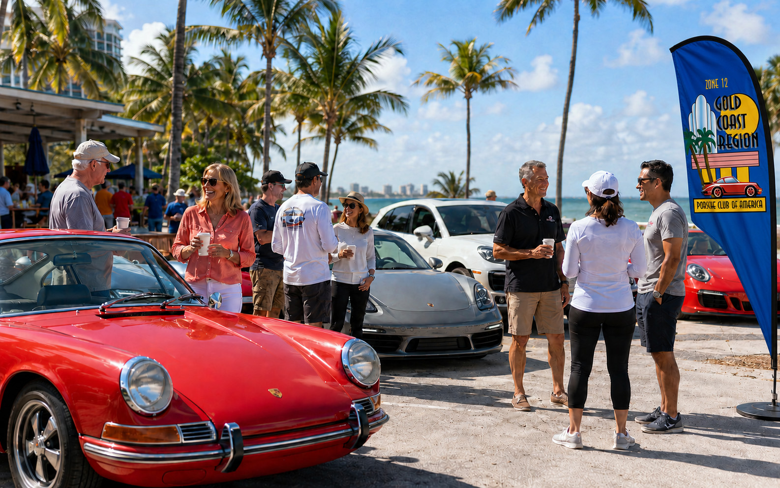 Gold Coast Region PCA members chatting with their Porsches at a sunny South Florida coastal gathering